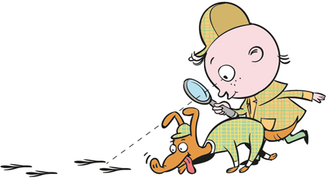 Illustration: Detektiv und Hund folgen einer Spur. Illustration: Detektiv und Hund folgen einer Spur.