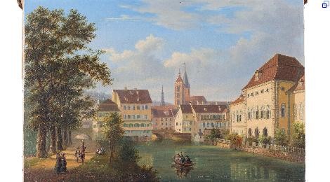 Gemälde mit Ansicht der Maille und des Roßneckars mit dem Amtsgericht. Im Hintergrund die Innere Brücke und die Türme der Stadtkirche.