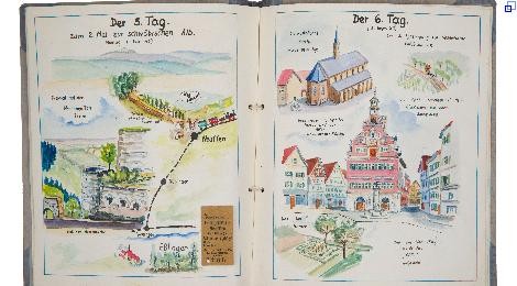 Aufgeschlagenes Reisetagebuch. Zu sehen sind der fünfte und sechste Reisetag, an welchen die Hohenneuffen und die Esslinger Altstadt besichtigt wurde.