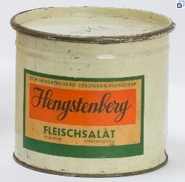 Weiße Dose mit Grün-Orangene Etikette der Firma Hengstenberg