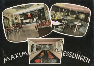 Postkarte mit Werbung für die Bar Maxim, 1950eer Jahre.