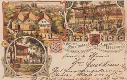 Alte Werbepostkarte  mit der Aufschrift "Gruß aus Lechleitners Bierkeller Esslingen“.