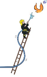 Illustration: Ein Kind in Feuerwehrausrüstung steht auf einer Leiter und löscht ein Feuer mit einem Feuerwehrschlauch.