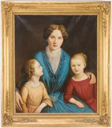 Foto: Michael Saile. Der Wohlstand der Bewohner:innen zeigt sich auch an eindrucksvollen Ölgemälden. Abgebildet ist Rosa Schreiber mit ihren beiden Töchtern, 1852.