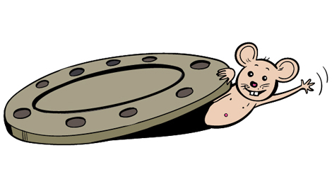 Zeichnung: Eine Maus winkt aus einem Kanalloch. Illustration: Julia Lenzmann.