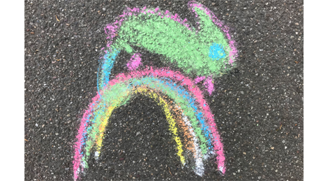 Ein Chamäleon auf einem Regenbogen, mit Straßenkreide auf den Asphalt gemalt.