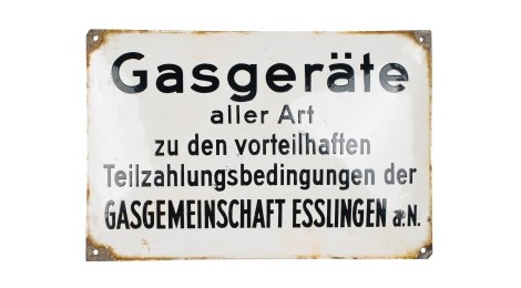 Werbeschild der Gasgemeinschaft Esslingen a. N. aus der zweiten Hälfte des 20. Jahrhunderts