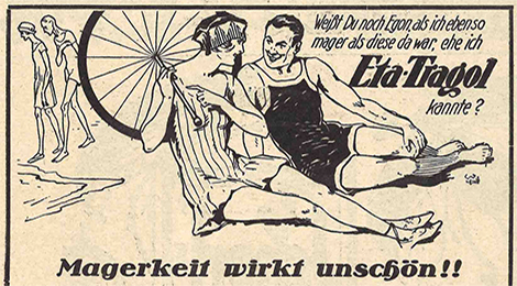 Alte Werbeanzeige: Eine Zeichnung von einer Frau und einem Mann in Badekleidung. Überschrift: "Magerkeit wirkt unschön!!"