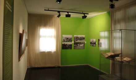 Ausstellungsraum mit Vitrine und Fotografien an der Wand.