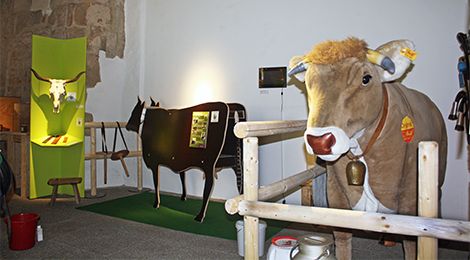 Ausstellungsbereich mit lebensgroßer Kuh aus Plüsch in einem Holzgatter.