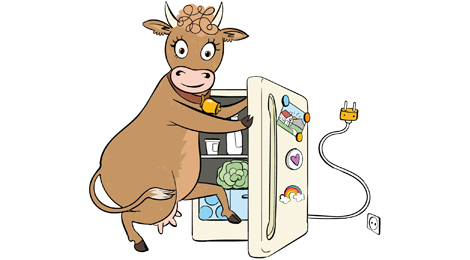 Illustration ur Ausstellung "Was macht die Kuh im Kühlschrank?":>Eine gezeichnete Kuh vor einem  geöffneten Kühlschrank. Illustration: Julia Lenzmann.