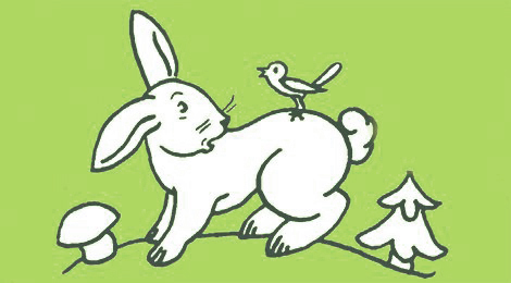 Zeichnung: Ein Hase betrachtet erstaunt einen Vogel, der auf seinem Rücken sitzt.