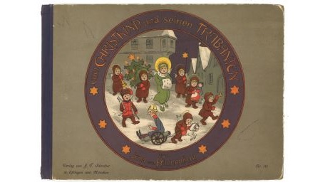 Titelbild des Buches "Vom Christkind und seinen Trabanten". In einem runden Medaillon spaziert das Christkind durch eine winterliche Stadt. Es trägt einen Wintermantel und hat einen Heiligenschein. Es wird von musizierenden kleinen Engeln begleitet.
