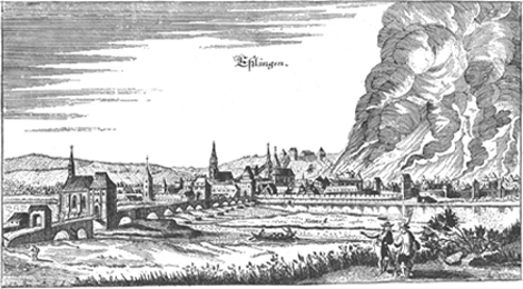 Druckgrafik mit Darstellung des Stadtbrandes 1701, die für eine Kollekte für den Wiederaufbau geschaffen wurde. Sie beruht auf der Ansicht Esslingens von Matthäus Merian und ergänzt sie durch Ruinen, die Feuersbrunst und Rauchwolken.